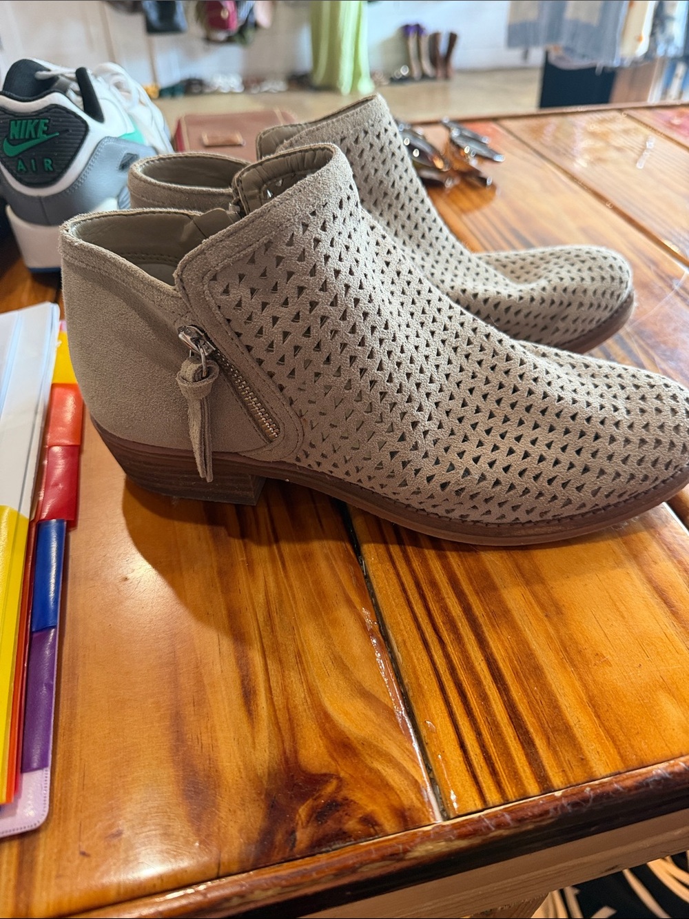Gianni Bini Taupe Perforated Suede Ankle Booties